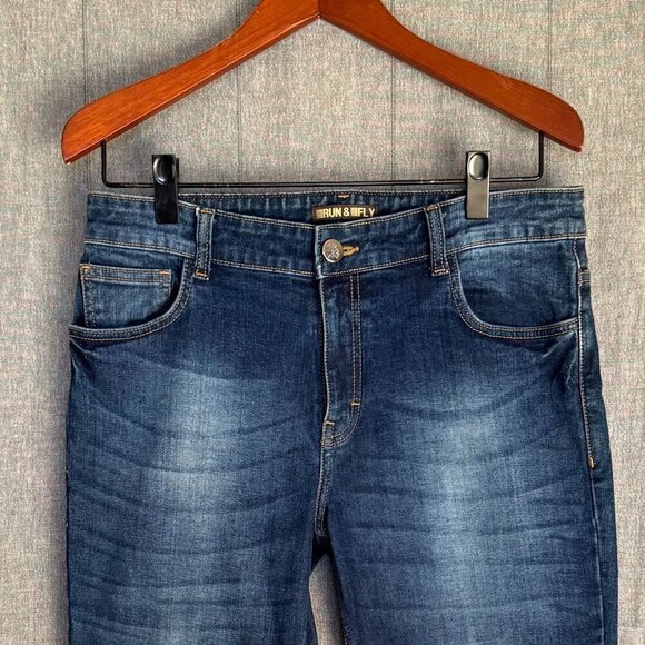 Run & Fly Stone Wash Blue Distress Stretch Denim Rock N Roll Bell Bottom Flares - Picture 3 of 11